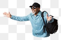 Png cheerful black senior traveler sticker, transparent background