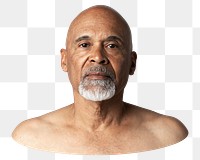 Png bare shoulder senior man sticker, transparent background