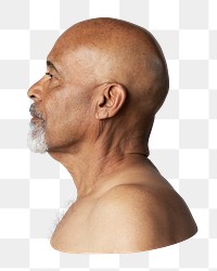 Png bare shoulder senior man sticker, side shot transparent background