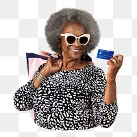 Png shopping black senior woman sticker, transparent background