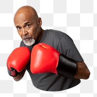 Png senior man with boxing gloves sticker, transparent background