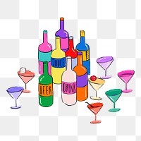 Cocktail bar bottles png sticker illustration, transparent background