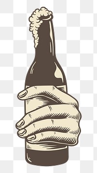 PNG hand holding a beer bottle, illustration, collage element, transparent background