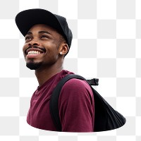 Happy backpacking man png sticker, transparent background