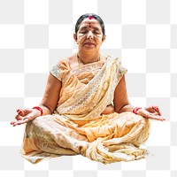 PNG meditating Indian woman, collage element, transparent background