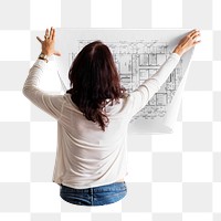 Woman holding building's blueprint png, transparent background