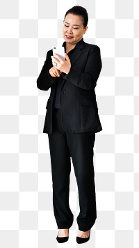 Businesswoman using smartphone png sticker, transparent background