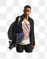 Teenage boy holding skateboard png, transparent background