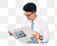 Businessman reading newspaper png, transparent background