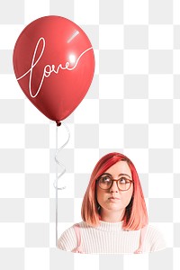 Png woman with love balloon sticker, transparent background