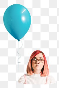 Png woman with blue balloon sticker, transparent background