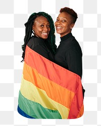 Happy lesbian couple with pride flag png, transparent background