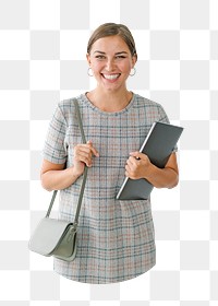 Businesswoman holding laptop png, transparent background