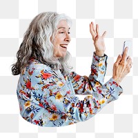 Png senior woman video calling sticker, transparent background