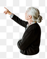 Senior woman pointing png sticker, transparent background