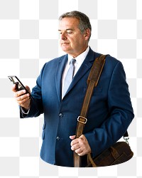 Businessman checking phone png sticker, transparent background