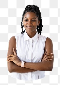 Png black woman crossing arms sticker, transparent background