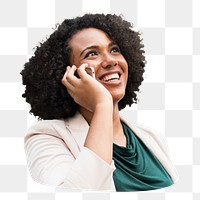 Businesswoman talking on phone png sticker, transparent background