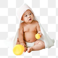 Baby in bath towel png, transparent background