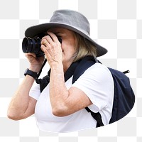 Senior traveler png binoculars sticker, transparent background