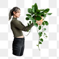 Png woman holding houseplant sticker, transparent background