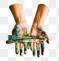 Png hands holding paint brush , transparent background