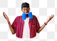 Png black man holding blue cups sticker, transparent background