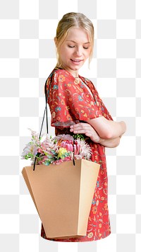 Woman carrying flower bouquet png, transparent background