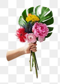 Person holding bouquet png sticker, botanical, transparent background