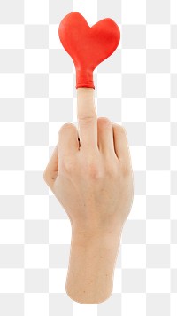 Png red heart balloon on a middle finger, transparent background