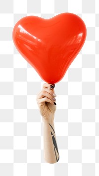 Tattooed arm png holding a red heart shape balloon, transparent background