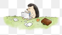 PNG Hedgehog typing on a laptop, illustration, collage element, transparent background