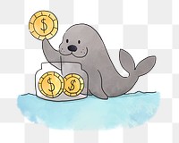 PNG Seal saving coins in a jar, illustration, collage element, transparent background