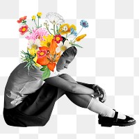 Student's mental health png, surreal flower remix, transparent background