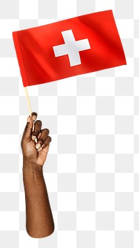 Switzerland's flag png in black hand, national symbol on transparent background