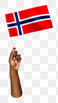 Norwegian flag png in black hand, national symbol on transparent background