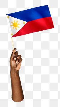 Png flag of Republic of Philippines in black hand, national symbol, transparent background