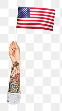 Png hand holding USA flag,  transparent background