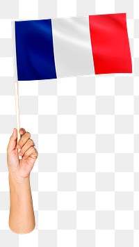 Png French flag in hand, national symbol, transparent background