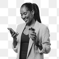 Woman looking png her phone, transparent background