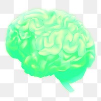 Human brain png, green neon image, transparent background