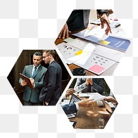 Png marketing strategy meeting hexagonal sticker, transparent background