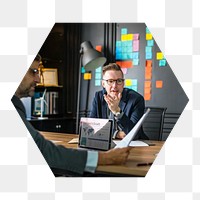 Png business idea meeting hexagonal sticker, transparent background
