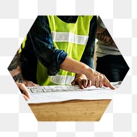 Png construction team meeting hexagonal sticker, transparent background