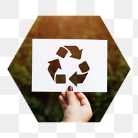 Png hand holding recycle sign hexagonal sticker, transparent background