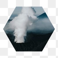 Explosive volcano  png hexagonal sticker, transparent background