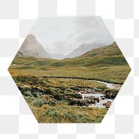 Highlands natural landscape  png hexagonal sticker, transparent background