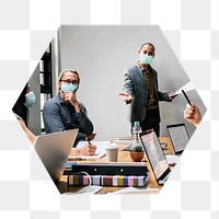 Png business meeting during pandemic hexagonal sticker, transparent background