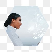 Png lady using wireless network hexagonal sticker, transparent background