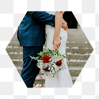 Png newly wed couple hexagonal sticker, transparent background